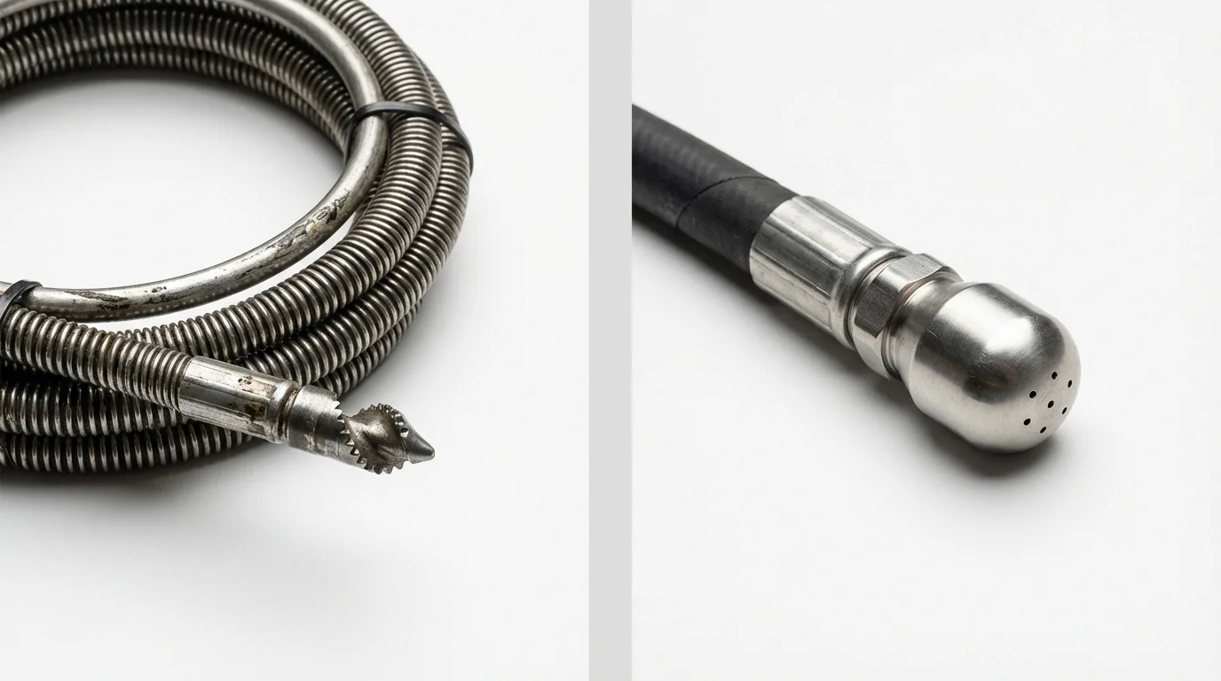 Drain snake cable and hydro jetting nozzle used for drain cleaning in Harrisville, RI
