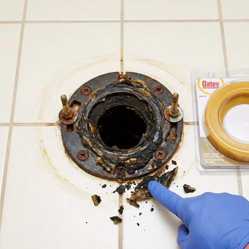 Failed wax ring showing water seepage at the base of a toilet in a Harrisville, RI home