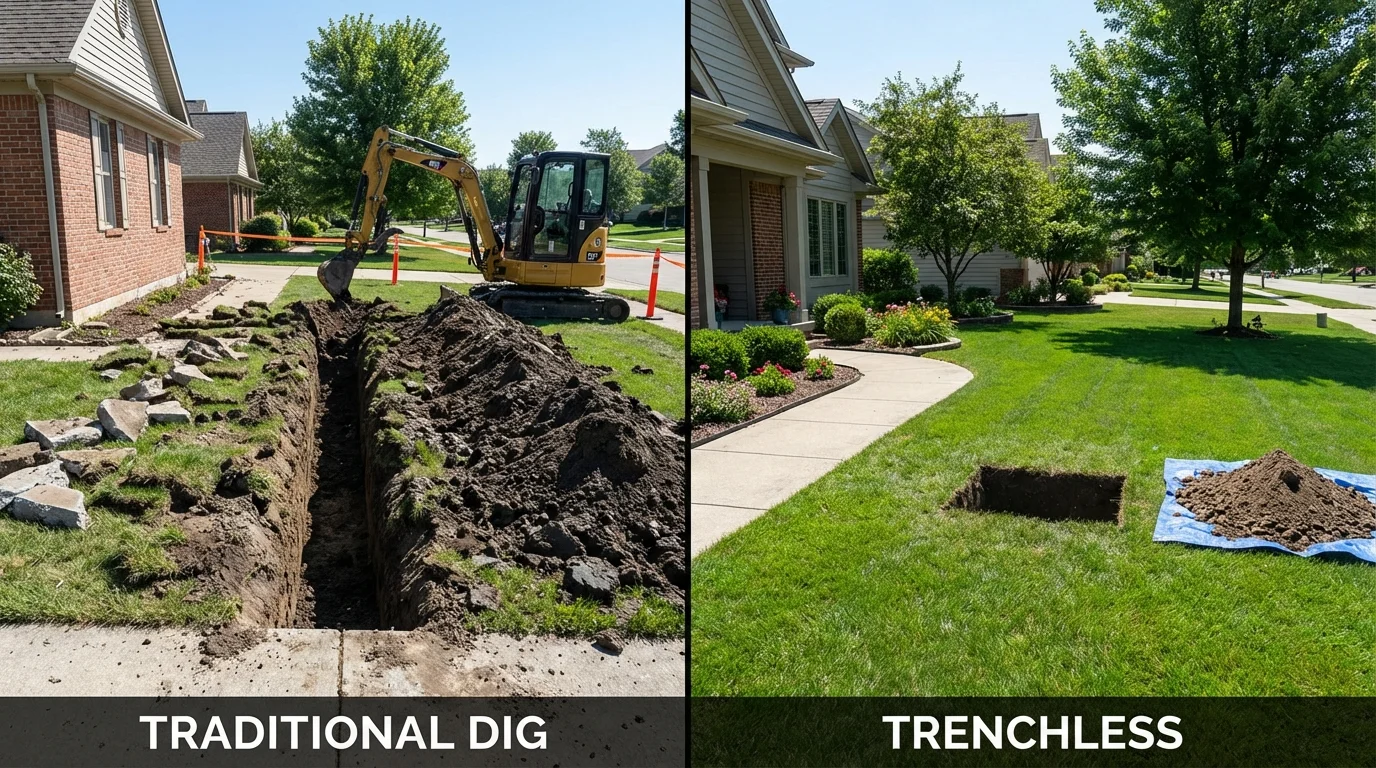 Trenchless sewer repair with minimal yard damage versus traditional excavation in Harrisville, RI