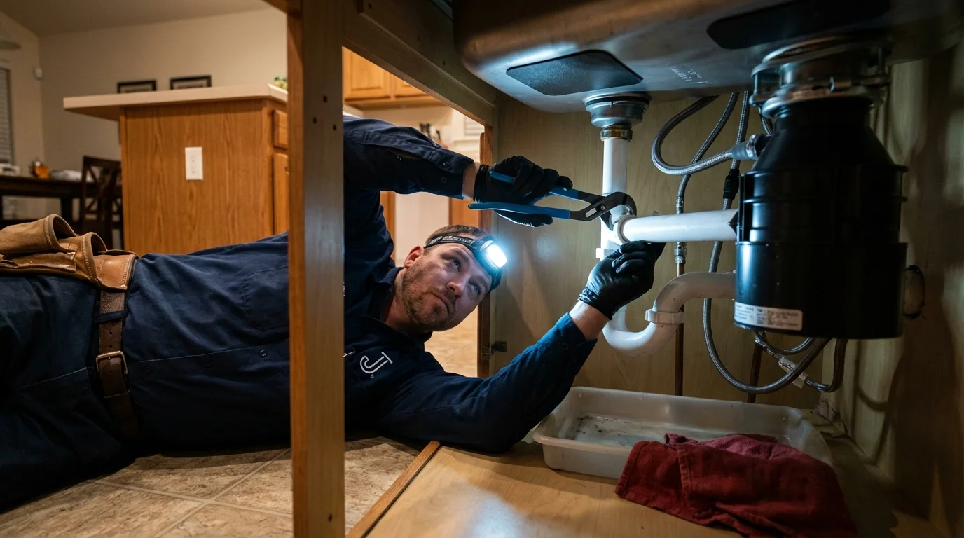 P-trap and supply line connections under a kitchen sink showing a common leak point in Harrisville, RI